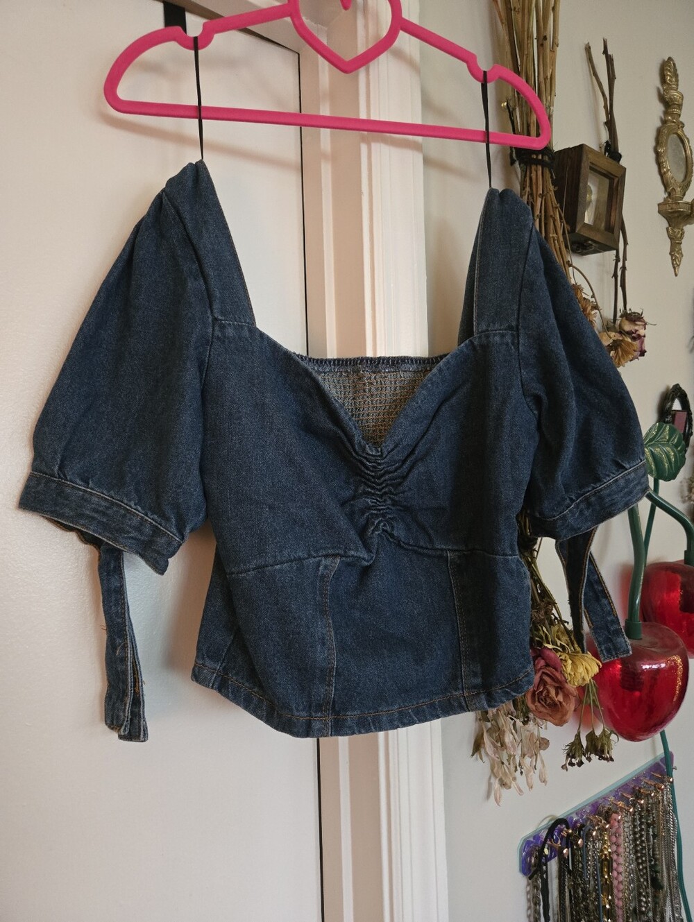 Coquette Denim Puff Sleeve Ruched Crop Sweetheart Top